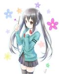  food gotou_hisashi heart k-on! long_hair nakano_azusa pocky skirt smile solo thighhighs twintails 