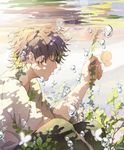  air_bubble bangs bare_arms brown_hair bubble butterfly_on_hand closed_eyes commentary_request from_side green_pants hishi_(k-xaby) knees_up male_focus original outstretched_hand pants parted_lips plant profile short_sleeves sitting solo submerged 