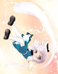  blue_eyes blush falling hair_ribbon highres hitodama konpaku_youmu konpaku_youmu_(ghost) open_mouth outstretched_arm outstretched_hand ribbon short_hair short_sleeves silver_hair smile solo touhou upside-down yume_shokunin 