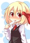  blonde_hair blush food hair_ribbon kikiriri long_sleeves necktie nose_blush open_mouth popsicle red_eyes red_neckwear ribbon rumia short_hair solo touhou 