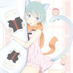  2boys animal_ears blue_eyes blue_hair cat_ears chemise commentary dakimakura_(object) fairy_(jintai) jinrui_wa_suitai_shimashita mechazawa_shin'ichi multiple_boys open_mouth orange_scarf peanuts_(ennuim) pillow pillow_hug pion_(jintai) sakigake!!_cromartie_koukou scarf tail tears 