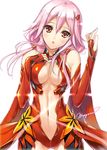  bad_id bad_pixiv_id bare_shoulders blush breasts center_opening cleavage elbow_gloves gloves guilty_crown hair_ornament hairclip looking_at_viewer medium_breasts mogami_noa navel pink_hair red_eyes solo twintails white_background yuzuriha_inori 