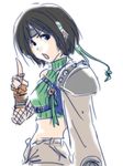  angry armor bare_shoulders black_eyes brown_hair final_fantasy final_fantasy_vii fingerless_gloves fishnets gloves headband highres kuzumin midriff pointing pointing_up short_hair shorts sketch sleeveless sleeveless_turtleneck solo turtleneck yuffie_kisaragi 