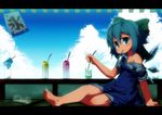  barefoot blue_hair bow cirno cup dress food hair_bow koha kooribata letterboxed off_shoulder popsicle shaved_ice short_hair solo sweat touhou 