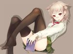  :p animal_ears banned_artist black_legwear book brown_hair cat_ears covering covering_crotch glasses original paseri pleated_skirt red_eyes short_hair simple_background sitting skirt solo thighhighs tongue tongue_out 