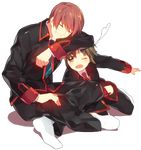  brown_eyes brown_hair closed_eyes full_body indian_style little_busters! male_focus multiple_boys naoe_riki natsume_kyousuke red_eyes school_uniform sennen_suisei sitting transparent_background 