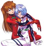  :d arm_support arms_around_neck ayanami_rei bangs blue_eyes blue_hair bodysuit bracer breasts brown_hair closed_mouth eyebrows_visible_through_hair from_side gloves hair_between_eyes hands_together happy head_tilt headgear hug light_smile long_hair looking_at_viewer multiple_girls neon_genesis_evangelion number open_mouth outstretched_arms parted_bangs pilot_suit plugsuit red_bodysuit red_eyes shiny shiny_hair short_hair simple_background sitting slender_waist small_breasts smile souryuu_asuka_langley takahashi_osamu turtleneck white_background white_bodysuit yokozuwari 