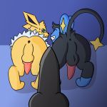  2019 animal_genitalia anus balls baryon_(otterjunk) black_penis butt canine digital_media_(artwork) eeveelution erection feline feral fur group hi_res jolteon knot levin_(levinluxio) luxio male male/male mammal nintendo nude otterjunk penis pink_penis pok&eacute;mon pok&eacute;mon_(species) simple_background smile sweat video_games 