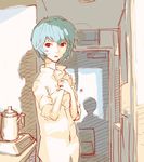  artist_request ayanami_rei blue_hair dress_shirt hands_on_own_chest kettle neon_genesis_evangelion non-web_source open_mouth red_eyes shadow shirt short_hair silhouette solo sunset 