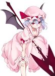  absurdres baicha bat_wings black_wings breasts closed_mouth downblouse fang_out hand_on_own_knee hat hat_ribbon highres holding holding_weapon lavender_hair leaning_forward looking_at_viewer mob_cap no_bra pink_eyes pink_hat pink_shirt pink_skirt pointy_ears red_ribbon remilia_scarlet ribbon shirt simple_background skirt small_breasts smile solo spear_the_gungnir touhou weapon white_background wings 