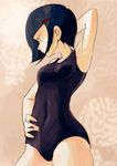  arm_up armpits black_hair hair_ornament hairclip hand_on_hip monsoon navel one-piece_swimsuit original short_hair solo swimsuit 