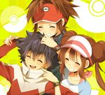  2boys bad_id bad_pixiv_id black_hair brown_hair cheek_poking closed_eyes double_bun grin hue_(pokemon) jacket kyouhei_(pokemon) long_hair mei_(pokemon) multiple_boys pokemon pokemon_(game) pokemon_bw2 poking raglan_sleeves ribbon smile spiked_hair twintails visor_cap watch wristwatch zges 