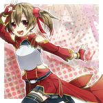  bad_id bad_pixiv_id black_legwear breastplate brown_hair fingerless_gloves gloves halftone halftone_background keita_(tundereyuina) open_mouth red_eyes short_twintails silica skirt smile solo sword_art_online thighhighs twintails v zoom_layer 