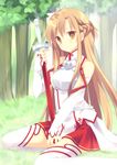  asuna_(sao) bare_shoulders blush breastplate brown_eyes brown_hair detached_sleeves forest grass long_hair looking_at_viewer nature sitting skirt solo sword_art_online takase_kanan thighhighs tree weapon white_legwear 