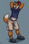  canine chibi-marrow clothing fez fox grey_background male plain_background pose shirt shorts solo 