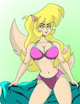  big_breasts bikini blonde_hair breasts callie_briggs cat cleavage clothed clothing feline female green_eyes hair long_hair looking_at_viewer mammal skimpy smile swat_kats swimsuit thesupremegazoo69 towel 