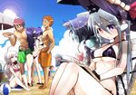  5girls ball beach beach_umbrella beachball bikini blonde_hair blue_eyes blue_skin blush book braid breast_press breasts cat cleavage cloud day drink flirting food habit hat heterochromia horns kamiya_zuzu long_hair medium_breasts multiple_boys multiple_girls nun ocean orange_hair original outdoors pointy_ears purple_hair red_eyes red_hair side-tie_bikini silver_hair sitting sky smile sweat swimsuit umbrella underboob vampire water 