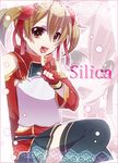  black_legwear breastplate brown_hair finger_to_mouth fingerless_gloves gloves keita_(tundereyuina) looking_at_viewer open_mouth red_eyes short_twintails silica skirt solo sword_art_online thighhighs twintails zoom_layer 