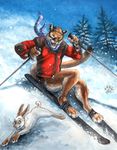  anthro blotch bottomless butt clothed clothing duo feline feral half-dressed lagomorph male mammal outside rabbit ski snow sports tree wood 