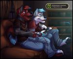  blue_eyes canine chibi-marrow clothing couple facial_markings frost_(character) gamepad gaming indoor male markings open_mouth shirt wolf 