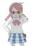  :o amamiya_manami blue_eyes blush bow braid cellphone gakuen_utopia_manabi_straight! glasses hair_ornament hair_ribbon hairclip highres long_hair open_mouth phone plaid plaid_skirt ribbon school_uniform seiou_gakuen_school_uniform skirt solo sweater twin_braids twintails 