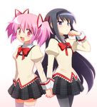  akemi_homura black_hair blush bow hair_ribbon hairband hanjuku_tomato holding_hands kaname_madoka long_hair looking_at_viewer mahou_shoujo_madoka_magica multiple_girls pantyhose pink_eyes pink_hair plaid plaid_skirt purple_eyes ribbon school_uniform short_hair skirt thighhighs white_legwear zettai_ryouiki 