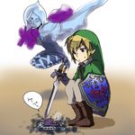  1girl aka_ruuko blonde_hair blue_hair cape demise earrings fi gloves hat jewelry link pantyhose pointy_ears shield sword the_legend_of_zelda the_legend_of_zelda:_skyward_sword weapon 