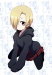  bags_under_eyes black_legwear blonde_hair blood earrings hair_over_one_eye highres hood hoodie idolmaster idolmaster_cinderella_girls jewelry n_(ruff) pale_skin piercing pleated_skirt red_eyes shirasaka_koume short_hair skirt sleeves_past_wrists smile solo sweater 