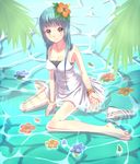  aqua_hair bare_shoulders barefoot blush bracelet brown_eyes dress flower hair_flower hair_ornament hibiscus jewelry long_hair open_mouth original partially_submerged sandals shoes shoes_removed single_shoe sitting sleeveless sleeveless_dress smile solo touboku wariza water 
