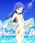  bikini blue_hair cloud commentary_request day flat_chest ginmaru idolmaster idolmaster_(classic) kisaragi_chihaya lens_flare long_hair o-ring o-ring_top ocean side-tie_bikini sky solo swimsuit white_bikini yellow_eyes 