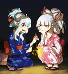  alternate_costume alternate_hairstyle bow fireworks floral_print fujiwara_no_mokou hair_bow hair_up japanese_clothes kamishirasawa_keine kimono long_hair long_sleeves multiple_girls open_mouth red_eyes sash senkou_hanabi shinoasa silver_hair smile sparkler squatting touhou yellow_eyes 