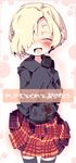  black_legwear blonde_hair closed_eyes dangomushi earrings grin hair_over_one_eye hood hood_down hoodie idolmaster idolmaster_cinderella_girls jewelry plaid plaid_skirt pleated_skirt shirasaka_koume short_hair skirt sleeves_past_wrists smile solo thighhighs translation_request 