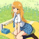  ahoge bad_id bad_pixiv_id blonde_hair green_eyes hoshii_miki idolmaster idolmaster_(classic) long_hair necktie ohayohayo picnic rough_time_school school_uniform sitting sketch skirt smile solo thermos wariza 