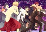  6+boys ahoge artoria_pendragon_(all) berserker_(fate/zero) black_dress black_hair blonde_hair caster_(fate/zero) cone_(emishyz) dark_persona dress emiya_kiritsugu fabulous fate/zero fate_(series) formal gangnam_style gilgamesh irisviel_von_einzbern kotomine_kirei lancer_(fate/zero) matou_kariya multiple_boys multiple_girls pant_suit parody red_hair rider_(fate/zero) saber shirtless suit toosaka_tokiomi uryuu_ryuunosuke 