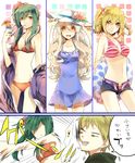  3girls bikini blonde_hair comic green_hair hat kagerou_project kano_shuuya kido_tsubomi kisaragi_momo kozakura_marry long_hair multiple_girls navel orange_eyes short_hair silver_hair slapping smile swimsuit translated wonoco0916 