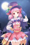  arm_up brooch cape crescent_conundrum deeple flower frills full_moon gloves hair_rings hat holding jewelry layered_skirt long_hair lowres moon necklace pink_hair red_hair smile solo staff standing star sword_girls thumbs_up tongue tongue_out top_hat 