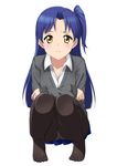  3: black_legwear blue_hair blush idolmaster idolmaster_(classic) kisaragi_chihaya kuri_youkan long_hair looking_at_viewer no_shoes one_side_up panties panties_under_pantyhose pantyhose skirt solo squatting sweater underwear white_panties yellow_eyes 