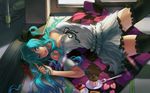  breasts cake catwyz checkered cleavage cupcake food fork green_eyes green_hair hatsune_miku highres legs lipstick long_hair lying makeup medium_breasts vocaloid world_is_mine_(vocaloid) 
