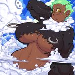  cloud clouds curvy dark_skin glasses green_hair h_hiroma kokuko_(tsukiyotake) monster_girl nipple_piercing oekaki orange_eyes piercing 