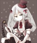  anyaaki black_eyes boots chain elbow_gloves flail garters gloves hair_ribbon hat jitome kanna_asumi magical_girl mahou_shoujo_madoka_magica mini_hat mini_top_hat morning_star ribbon short_hair silver_hair solo spikes star starry_background thighhighs top_hat veil weapon white_legwear 