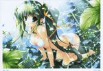  :o absurdres all_fours bikini blush bow breasts butt_crack cleavage covered_nipples green_eyes green_hair highres large_breasts leaning_forward long_hair looking_at_viewer melon-chan melonbooks mikeou partially_submerged shiny shiny_skin swimsuit twintails water white_bikini yellow_bow 