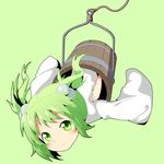  blush bucket green_eyes green_hair hair_bobbles hair_ornament kisume long_sleeves rope short_hair silane smile solo touhou twintails upside-down wide_sleeves wooden_bucket 