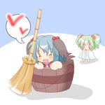  animal_ears blue_hair blush broom bucket closed_eyes green_hair hair_bobbles hair_ornament in_bucket in_container kasodani_kyouko kisume long_sleeves multiple_girls open_mouth ruto5102 short_hair tears touhou twintails wooden_bucket 