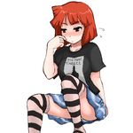  aizawa_eiko brown_eyes casual lowres red_hair shinryaku!_ikamusume shirt short_hair skirt solo striped striped_legwear supopo_(pi4v2000) t-shirt thighhighs 
