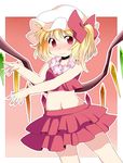  alternate_costume bad_id bad_pixiv_id bare_shoulders blonde_hair blush bow dancing embarrassed flandre_scarlet flower flower_necklace hair_bow hammer_(sunset_beach) hat highres hula jewelry lei midriff navel necklace red_eyes short_hair side_ponytail simple_background skirt solo touhou wings 