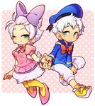  1girl adapted_costume beret blue_eyes bow bracelet daisy_duck disney donald_duck earrings hair_bow hat high_heels jewelry kiri_futoshi nail_polish one_eye_closed pantyhose personification pink_eyes polka_dot sailor shoes smile sneakers white_hair yellow_legwear 