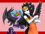  3girls :q angry apron armband bar bare_shoulders bat_wings black_dress black_hair black_wings blue_hair blush bow bowl chocolate clenched_teeth cooking dress duel_monster eating emblem fabled_grimro fabled_krus fabled_topi feathers female fingernails food fruit green_eyes hair_ornament hair_over_one_eye holding horns jewelry licking_lips lip_licking long_fingernails long_hair looking_at_viewer looking_back mask monster_girl multiple_girls nail_polish necklace orange pale_skin pataniito pataryouto plaid plaid_background pointy_ears purple_hair purple_skin red_nails red_sclera ring sandals slippers smile standing teeth tiara tongue tongue_out twintails whisk wings wristband yu-gi-oh! yuu-gi-ou_duel_monsters 