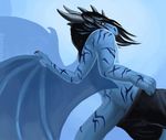  black_hair blue blue_background blue_body blue_dragon blue_skin bottom butt clothed clothing dragon hair half-dressed horn invalid_tag looking_at_viewer looking_back male malk nude orange_eyes paws plain_background scar shorts solo spikes standing teasing topless tushie wings zambuka 