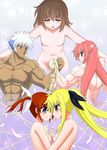  4girls animal_ears arf blonde_hair blue_eyes blush brown_hair closed_eyes dog_ears dog_tail enma702 facial_mark fate_testarossa feathers forehead_mark glowing hair_ribbon highres holding_hands long_hair lyrical_nanoha mahou_shoujo_lyrical_nanoha mahou_shoujo_lyrical_nanoha_a's mahou_shoujo_lyrical_nanoha_the_movie_2nd_a's multiple_boys multiple_girls muscle muscular_female no_nipples nude open_mouth orange_eyes red_eyes red_hair ribbon short_hair short_twintails silver_hair tail takamachi_nanoha tears twintails yagami_hayate yuri yuuno_scrya zafira 