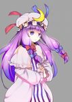  bangs blue_eyes blunt_bangs cloak grey_background hair_ribbon hands_clasped hat long_hair long_sleeves looking_away multicolored multicolored_eyes nippo own_hands_together patchouli_knowledge purple_eyes purple_hair ribbon simple_background solo striped touhou tress_ribbon vertical_stripes wide_sleeves 